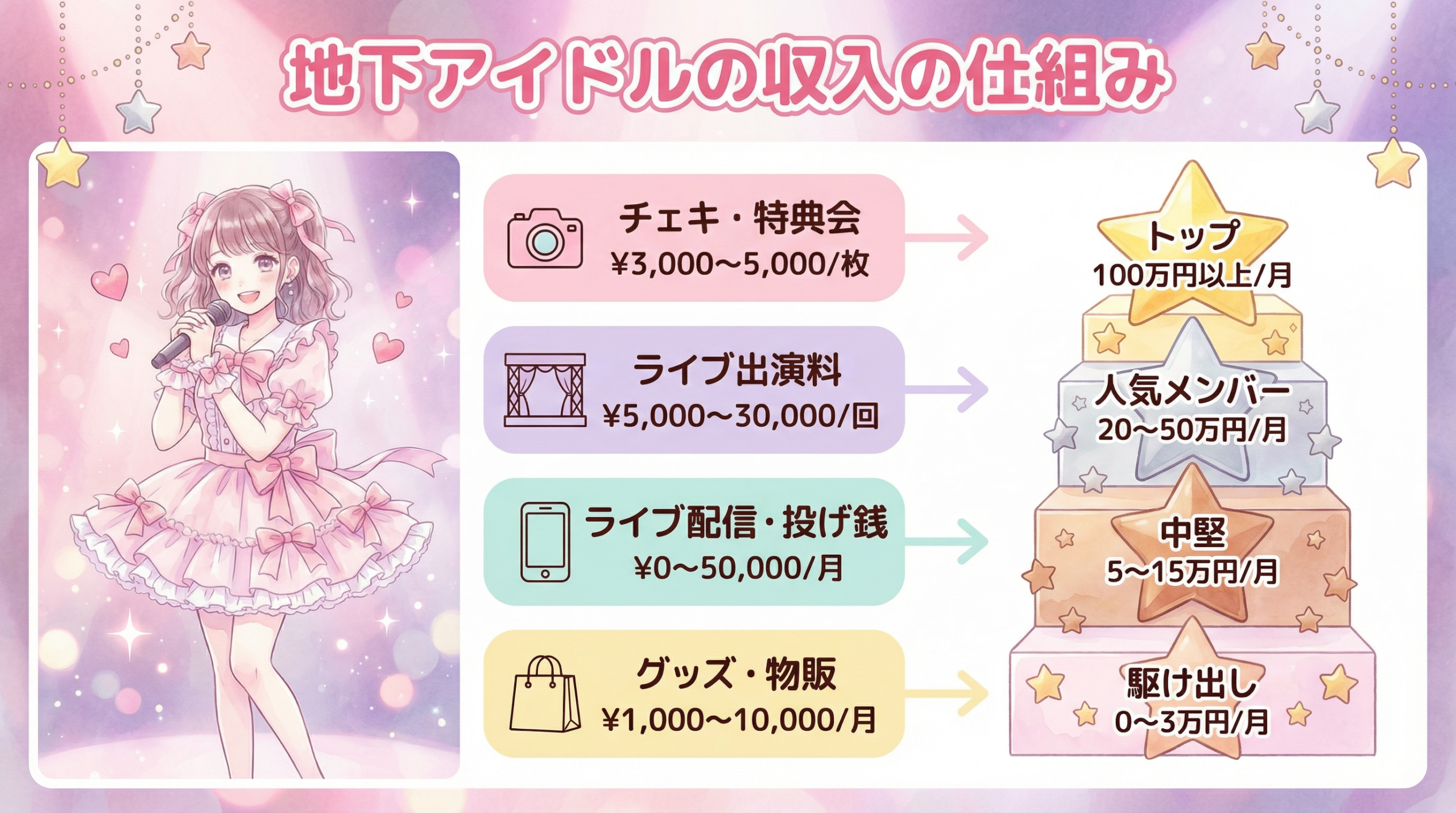地下アイドルの収入構造を示す図解イラスト